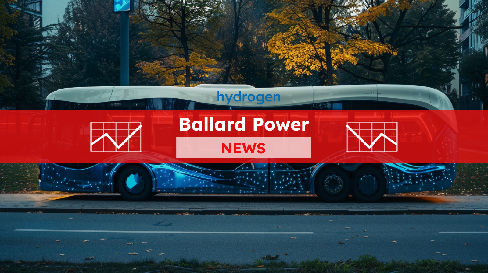 weiß-blauer Wasserstoffbus auf der Straße, mit einem Ballard Power NEWS Banner