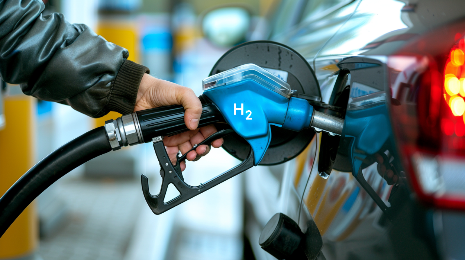 Eine Person betankt ein Auto an einer Wasserstofftankstelle und hebt ein Fahrzeug mit alternativer Energie hervor