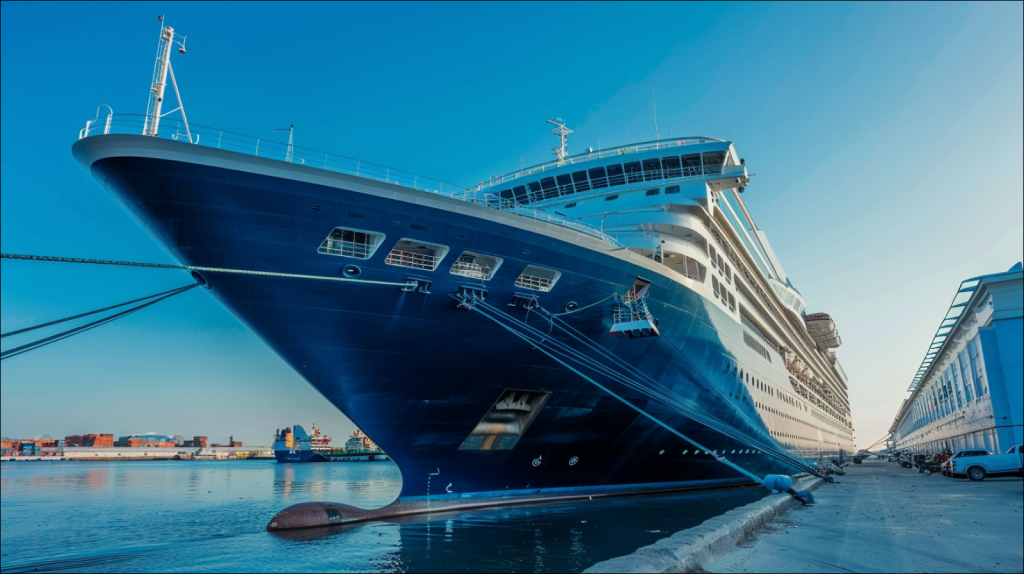 Ein großes Kreuzfahrtschiff, das in einem Hafen anlegte 