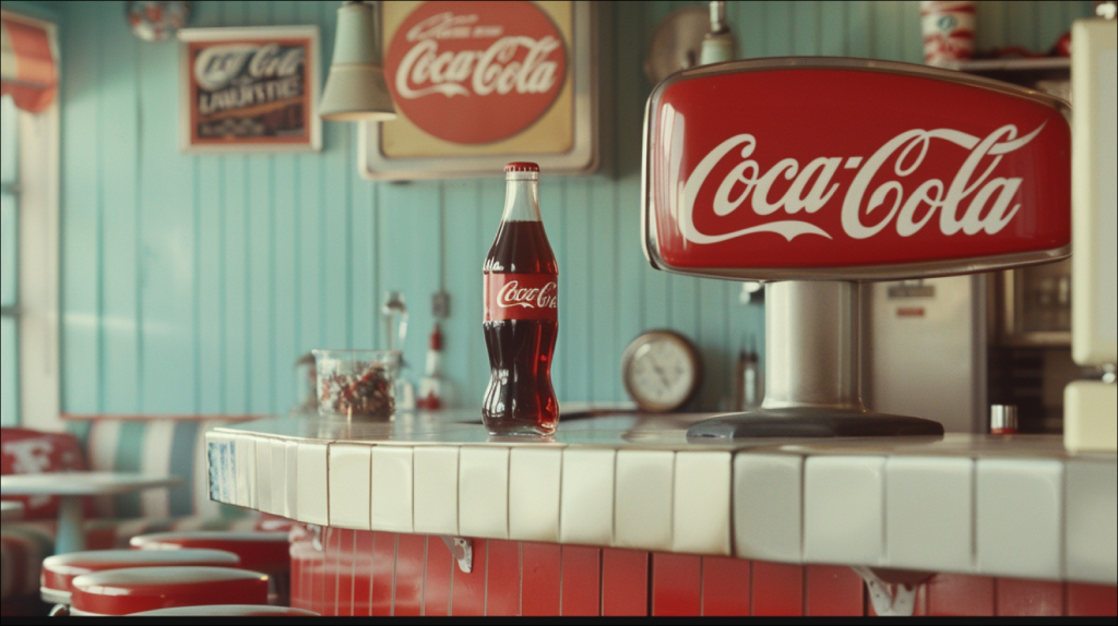 eine Theke in einem Retro-Diner mit Coca-Cola-Schildern und einer Coca-Cola-Flasche darauf.