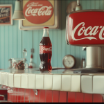 eine Theke in einem Retro-Diner mit Coca-Cola-Schildern und einer Coca-Cola-Flasche darauf.