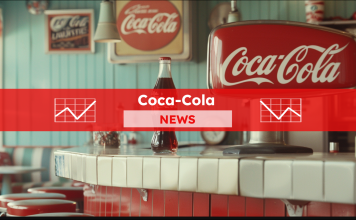 eine Theke in einem Retro-Diner mit Coca-Cola-Schildern und einer Coca-Cola-Flasche darauf, , darüber ein Coca-Cola NEWS Banner