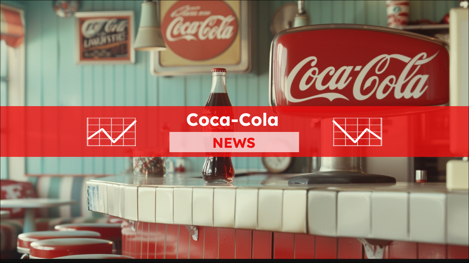 eine Theke in einem Retro-Diner mit Coca-Cola-Schildern und einer Coca-Cola-Flasche darauf, , darüber ein Coca-Cola NEWS Banner