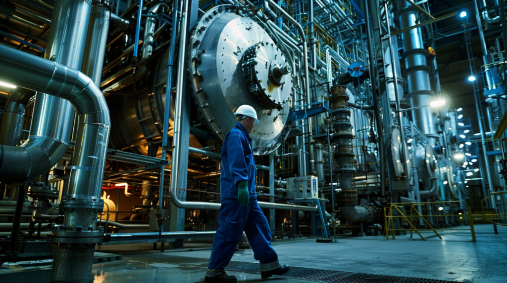 Ein Arbeiter in blauer Uniform und Schutzhelm geht an einem großen, metallischen Industriereaktor vorbei