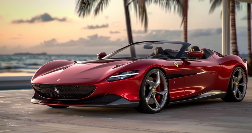 Ein roter Ferrari Sportwagen, geparkt an einem tropischen Strand bei Sonnenuntergang.