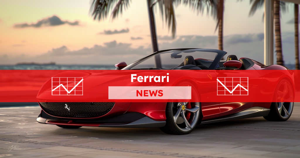 Ein roter Ferrari Sportwagen, geparkt an einem tropischen Strand bei Sonnenuntergang, mit einem NEWS-Banner drüber