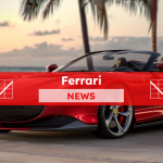 Ein roter Ferrari Sportwagen, geparkt an einem tropischen Strand bei Sonnenuntergang, mit einem NEWS-Banner drüber