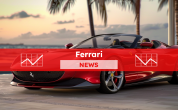 Ein roter Ferrari Sportwagen, geparkt an einem tropischen Strand bei Sonnenuntergang, mit einem NEWS-Banner drüber