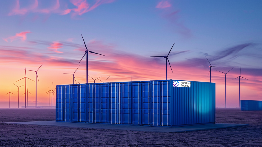 Große blaue Lagerbehälter vor dem Hintergrund von Windkraftanlagen in der Abenddämmerung