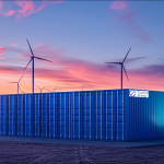 Große blaue Lagerbehälter vor dem Hintergrund von Windkraftanlagen in der Abenddämmerung