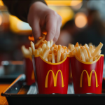 eine Hand, die Pommes frites aus einem roten McDonald's-Behälter nimmt, der auf einem Tablett steht.