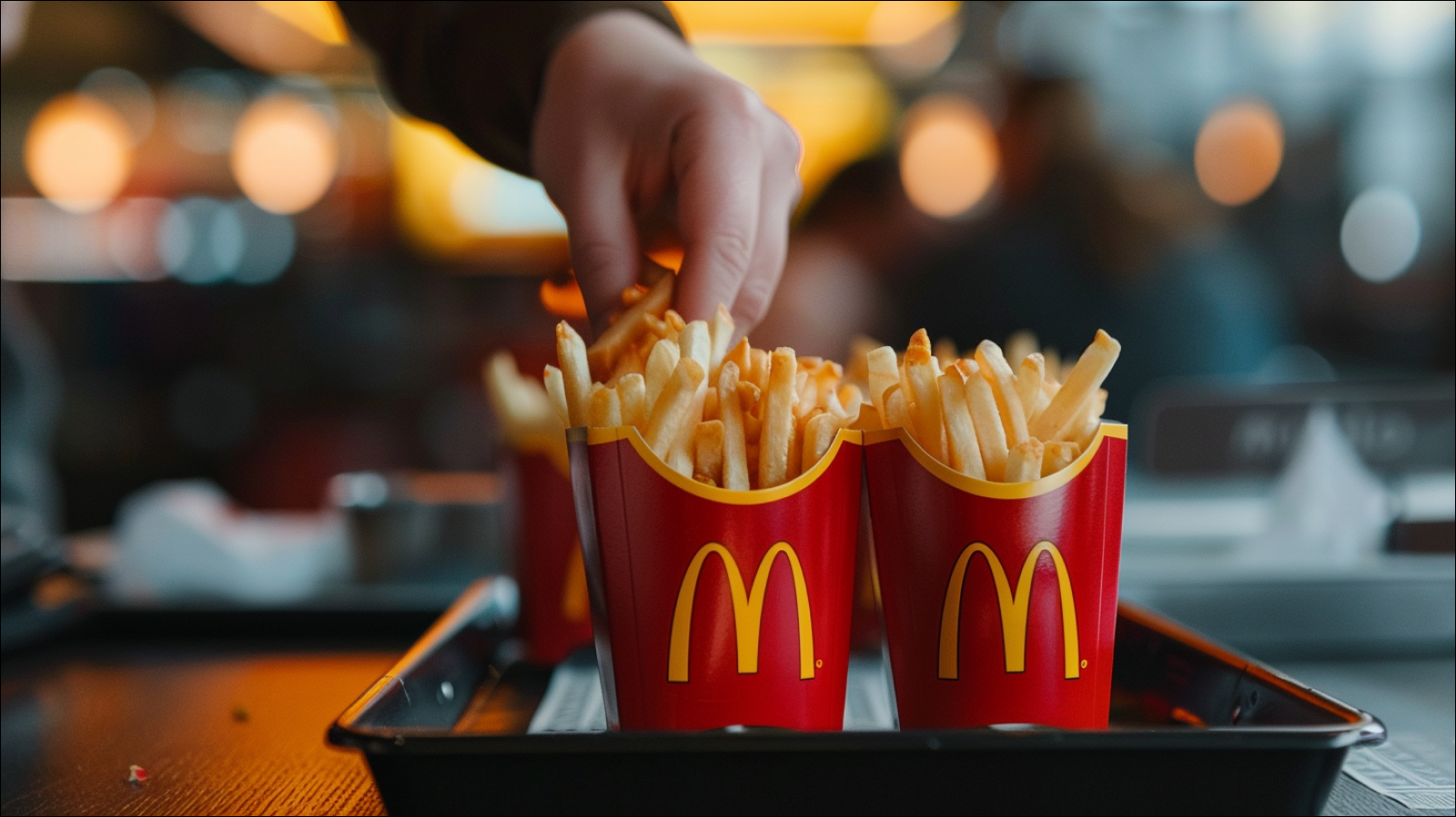 eine Hand, die Pommes frites aus einem roten McDonald's-Behälter nimmt, der auf einem Tablett steht.