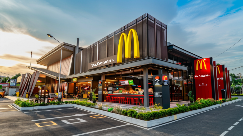 ein McDonald's-Restaurant, mit Sitzgelegenheiten im Freien und dem Logo