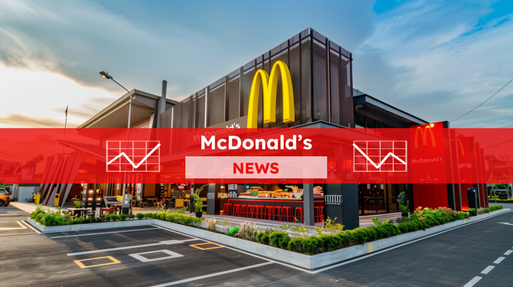 ein McDonalds-Restaurant, mit Sitzgelegenheiten im Freien und dem Logo, mit einem roten NEWS Banner 