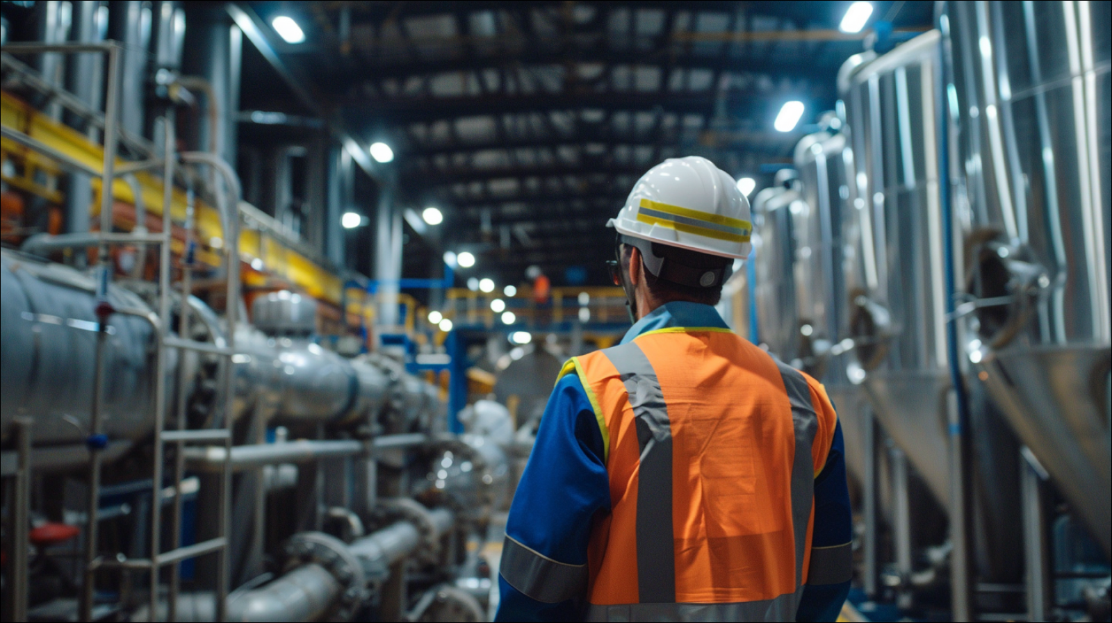 ein Ingenieur in Sicherheitsweste und Helm in einer industriellen Produktionsanlage