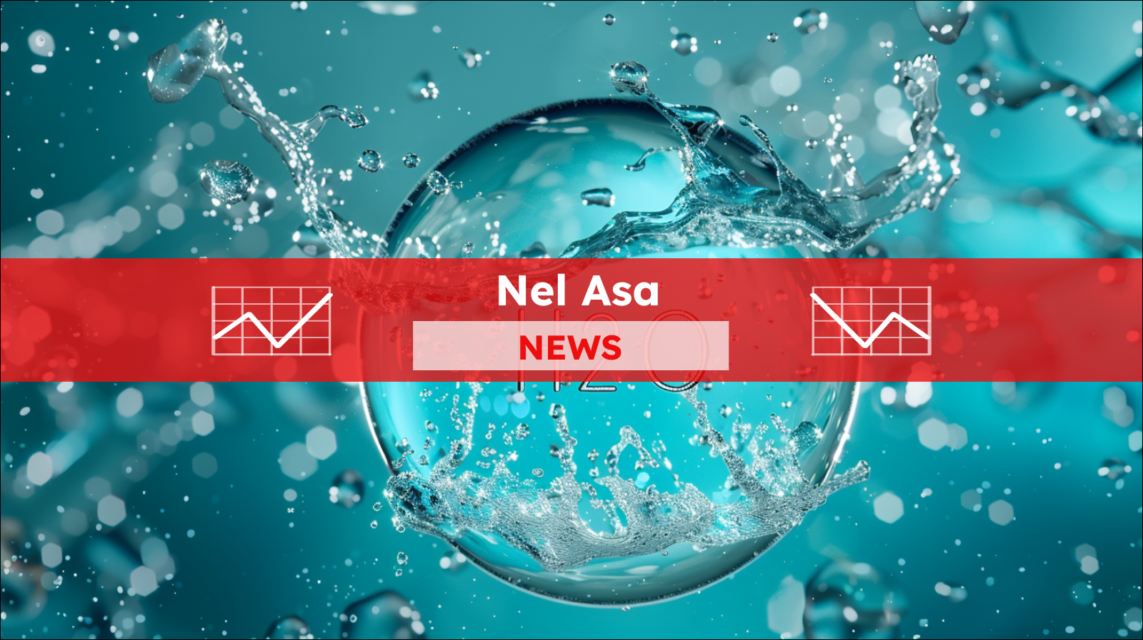 ein kreisförmiges Emblem mit der chemischen Formel H2O, umgeben von spritzendem Wasser, mit einem Nel ASA NEW-Banner