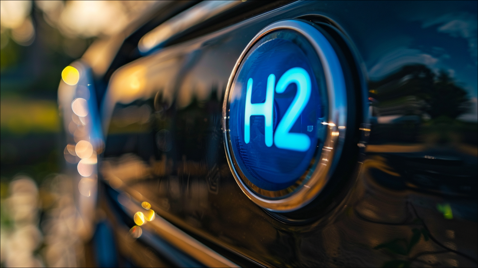 Eine Nahaufnahme einer Fahrzeugplakette mit dem blauen H2-Symbol