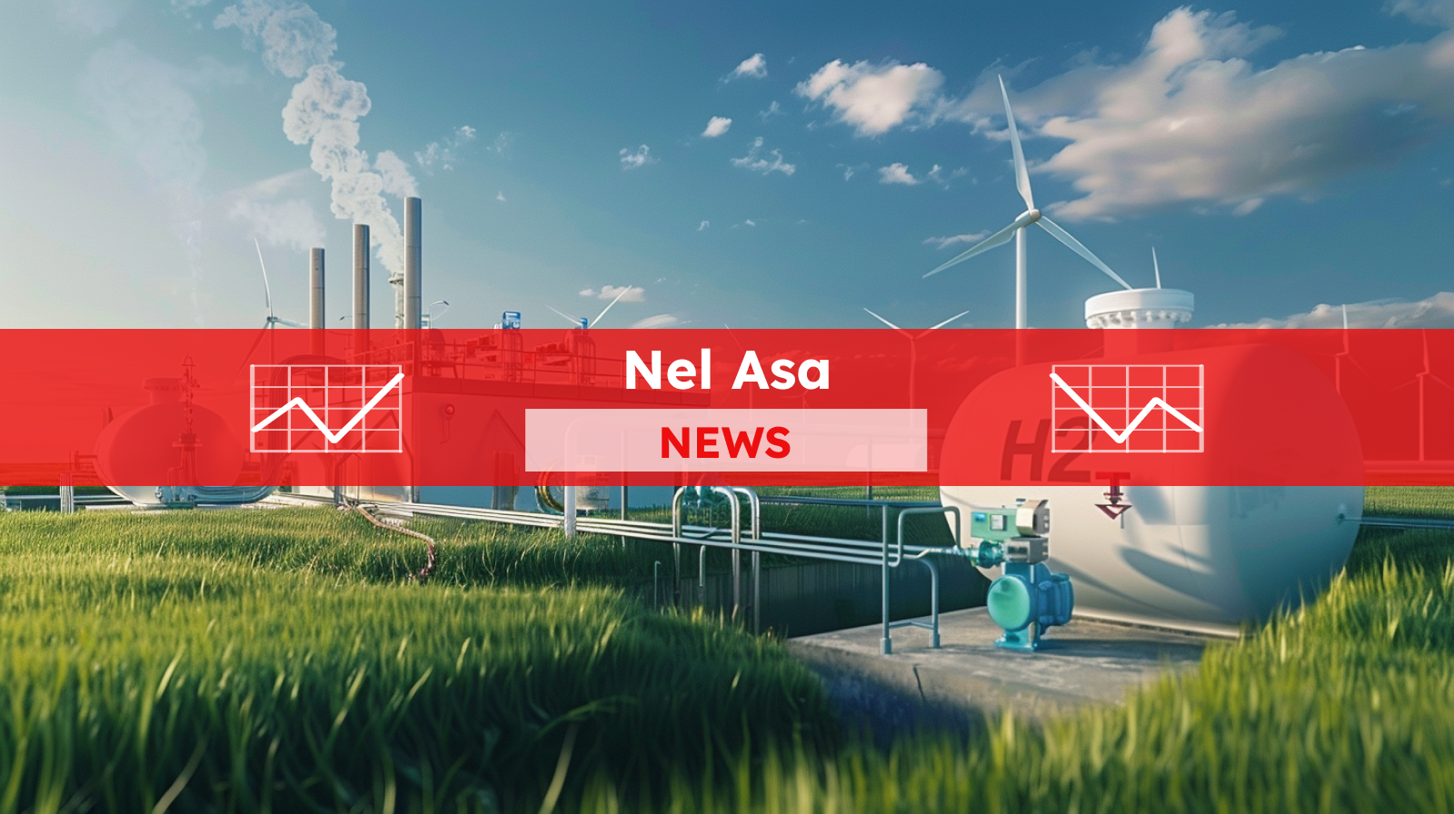 Eine Wasserstoffproduktionsanlage auf einer grünen Wiese mit Windturbinen im Hintergrund, mit einem Nel ASA NEWS-Banner drüber