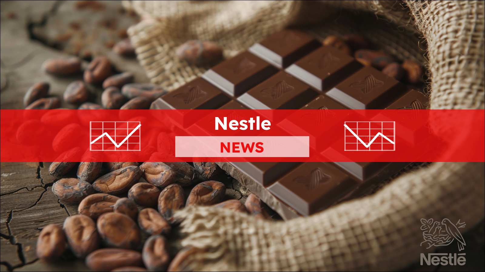 Schokoladentafel, daneben ein Sack voller Kakaobohnen, mit einem Nestle NEW-Banner