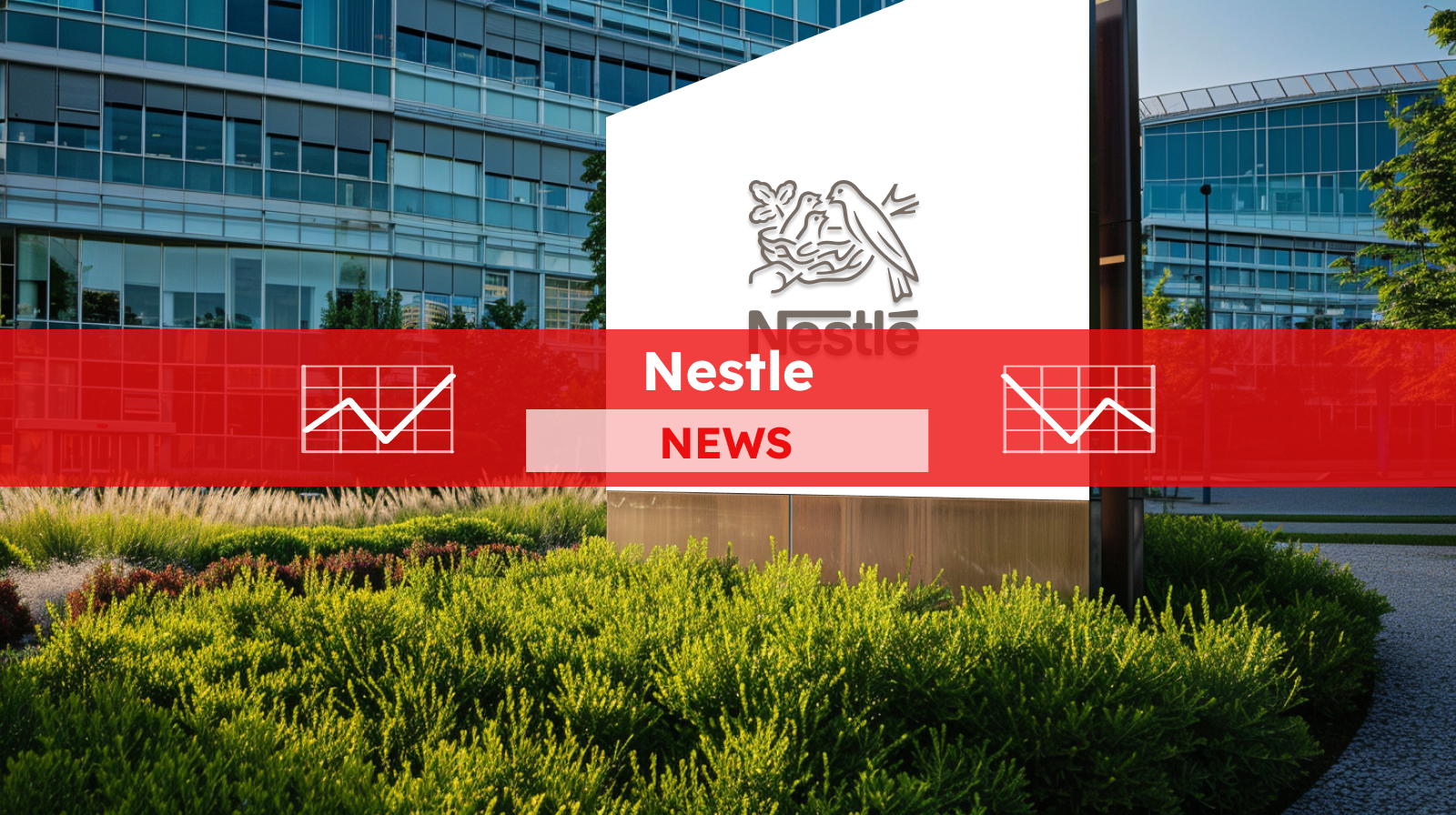 ein Schild für Nestle vor einem Bürogebäude, mit einem roten NEWS Banner