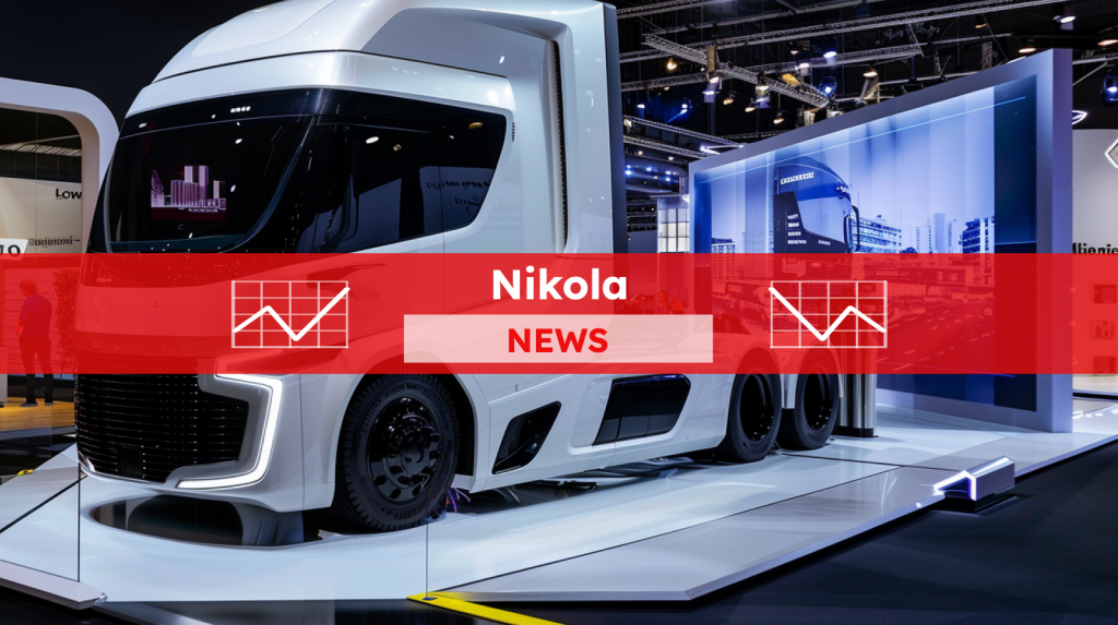 Ein weißer elektrischer Sattelschlepper von Nikola, ausgestellt auf einer Ausstellung,  mit einem roten Nikola NEWS Banner