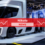 Ein weißer elektrischer Sattelschlepper von Nikola, ausgestellt auf einer Ausstellung,  mit einem roten Nikola NEWS Banner