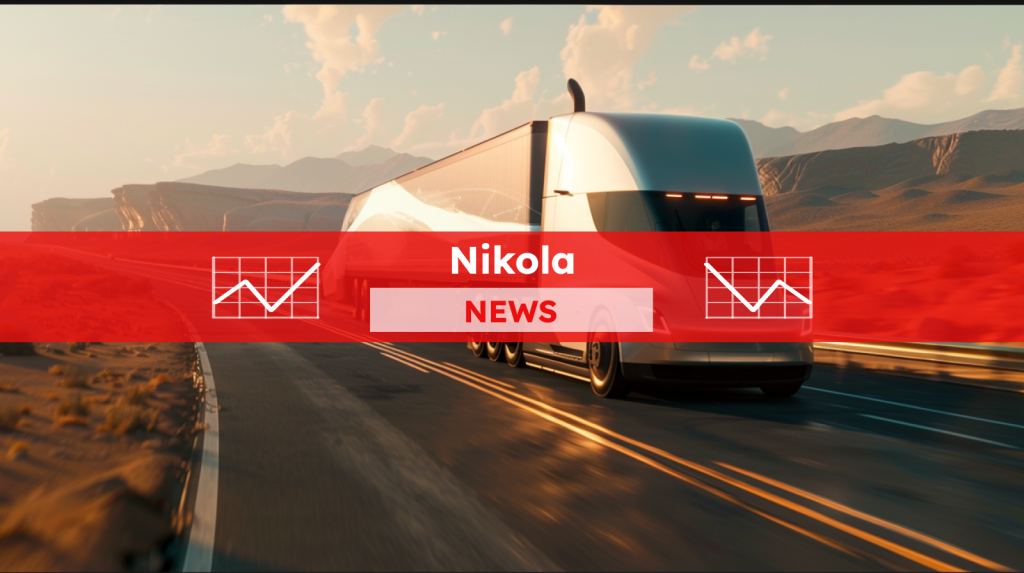 ein weißer Sattelschlepper, der auf einer Autobahn fährt,  mit einem roten Nikola NEWS Banner