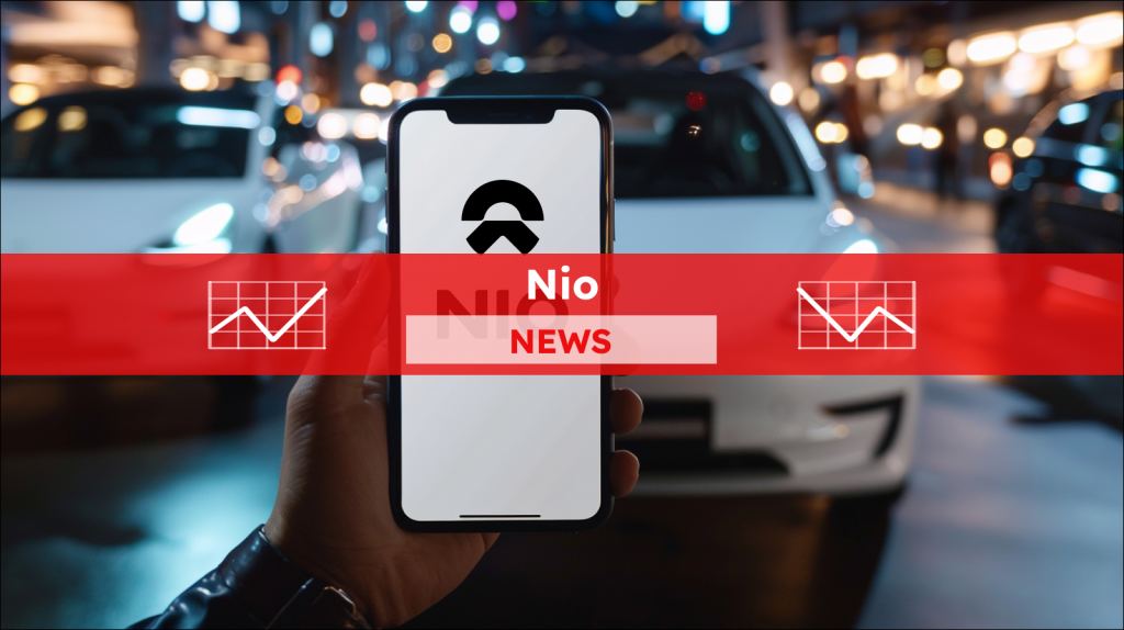 Smartphone mit weißem Bildschirm in der Hand, Elektroauto im Hintergrund, mit einem roten NIO NEWS Banner 