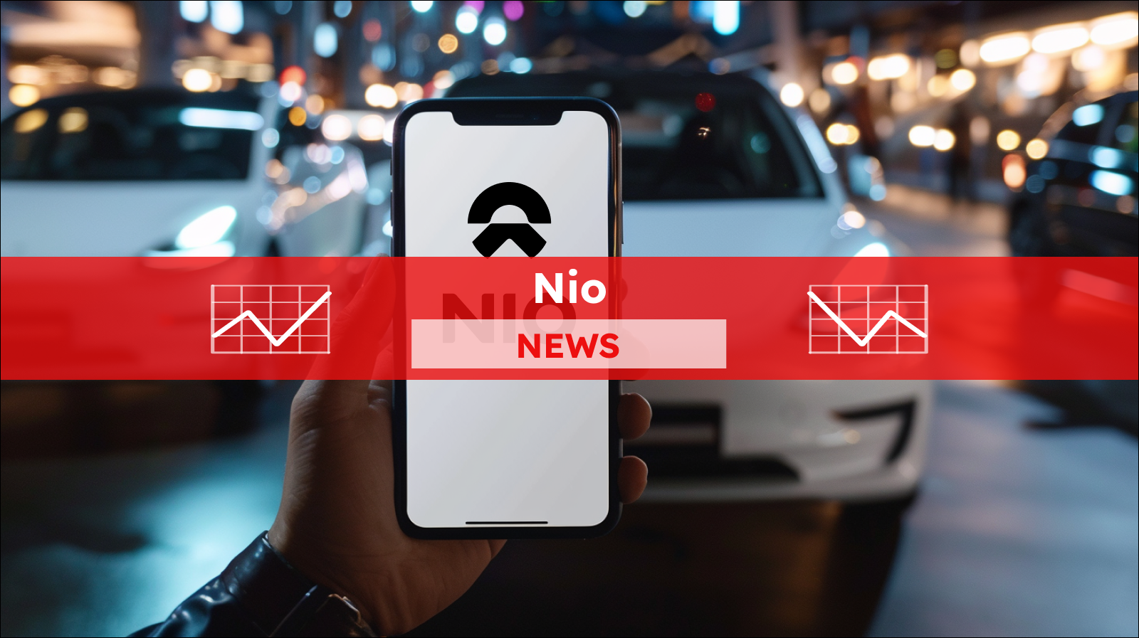 Smartphone mit weißem Bildschirm in der Hand, Elektroauto im Hintergrund, mit einem roten NIO NEWS Banner