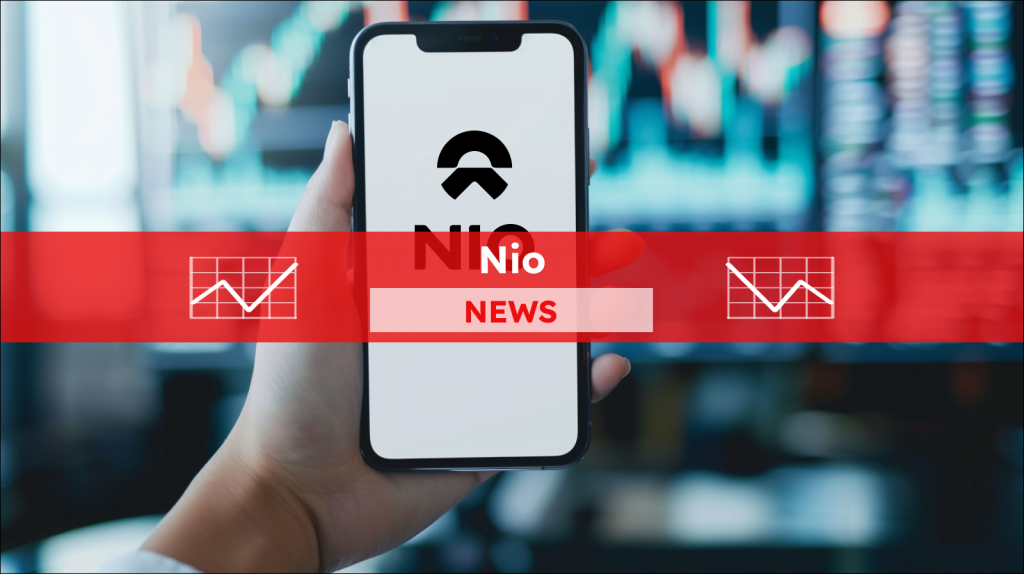 Smartphone mit weißem Bildschirm in der Hand, Aktienchart im Hintergrund, mit einem roten NIO NEWS Banner