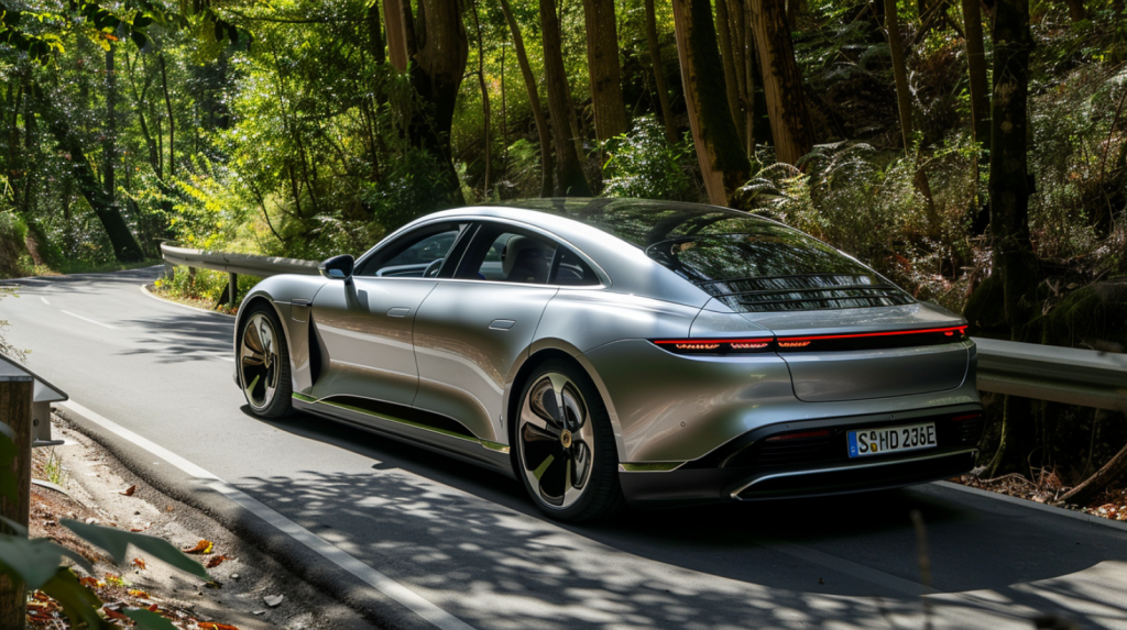 ein silbernes Elektroauto, die auf einer von Grün umgebenen Straße fährt