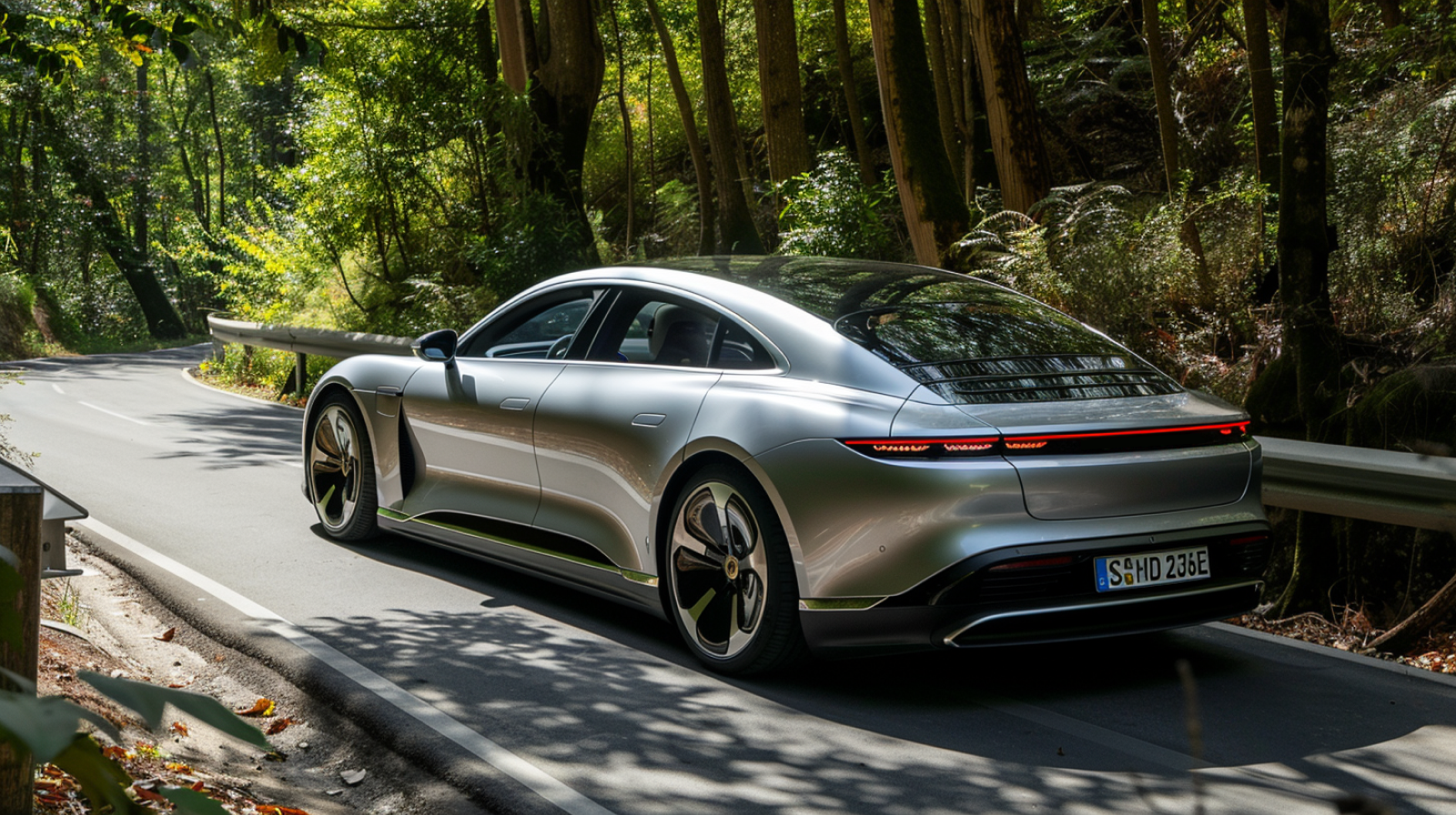 ein silbernes Elektroauto, die auf einer von Grün umgebenen Straße fährt