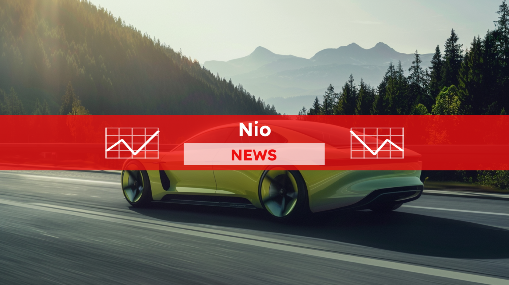 Ein modernes hellgelbes Elektroauto, das auf einer Autobahn fährt, mit einem roten NIO NEWS Banner 