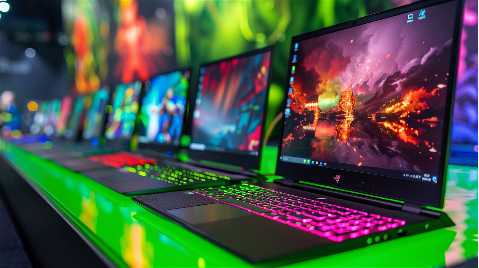 Auf einer hellgrünen Oberfläche sind eine Reihe von Gaming-Laptops, mit einer lebendigen animierten Szene auf dem Bildschirm