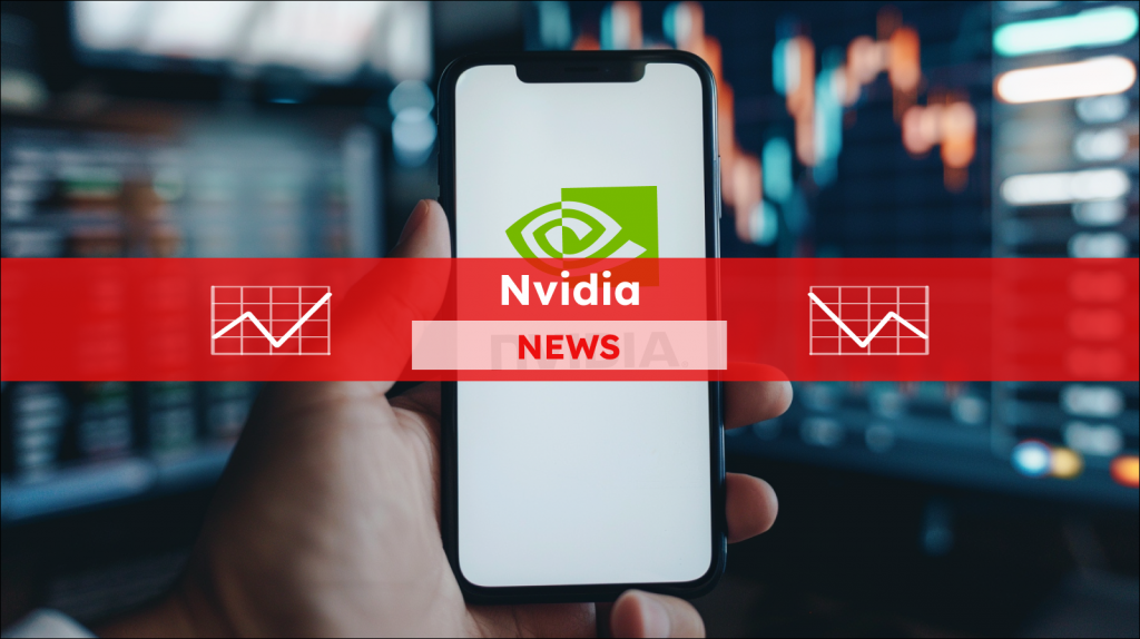 Smartphone mit weißem Bildschirm in der Hand, Aktiendiagrammen im Hintergrund, --ar 16:9, mit einem Nvidia NEWS-Banner