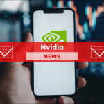 Smartphone mit weißem Bildschirm in der Hand, Aktiendiagrammen im Hintergrund, --ar 16:9, mit einem Nvidia NEWS-Banner