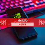 Smartphone mit schwarzem Bildschirm und Nvidia-Logo liegt auf der Gaming-Tastatur, mit einem Nvidia NEWS-Banner