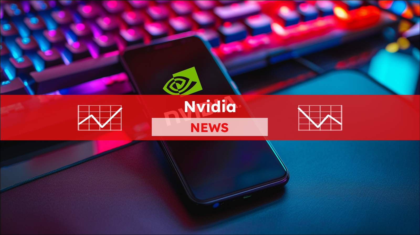 Smartphone mit schwarzem Bildschirm und Nvidia-Logo liegt auf der Gaming-Tastatur, mit einem Nvidia NEWS-Banner