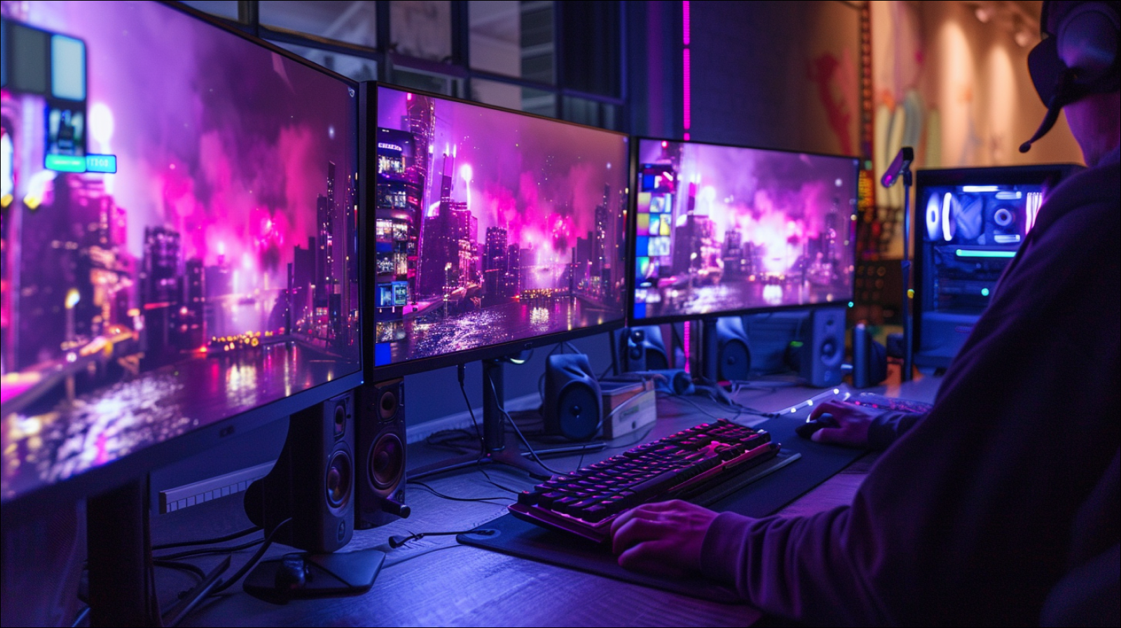 Eine Person sitzt vor mehreren Monitoren mit leuchtenden Stadtansichten