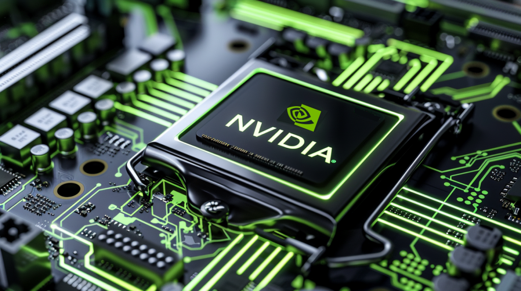 Eine Nahaufnahme eines Computer-Motherboards mit Fokus auf einem Chip mit der Aufschrift NVIDIA, hervorgehoben durch neongrüne Linien