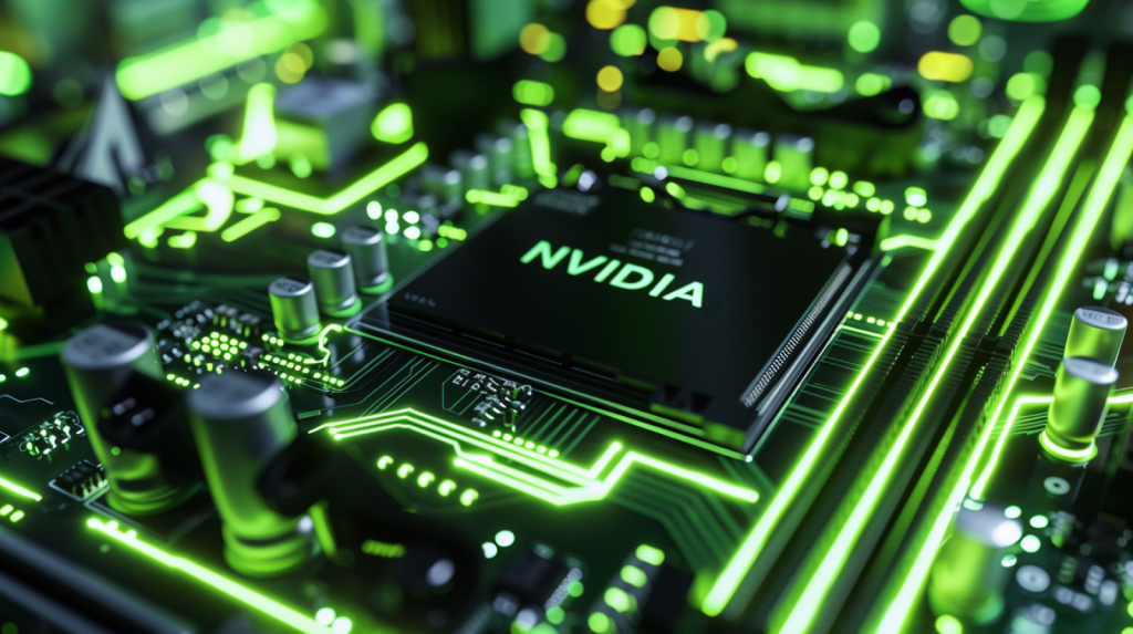 Eine Nahaufnahme eines Computer-Motherboards mit Fokus auf einem Chip mit der Aufschrift NVIDIA, hervorgehoben durch neongrüne Linien