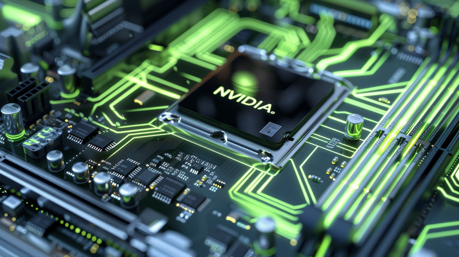 Eine Nahaufnahme eines Computer-Motherboards mit Fokus auf einem Chip mit der Aufschrift NVIDIA, hervorgehoben durch neongrüne Linien