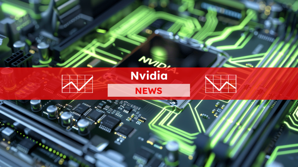 Eine Nahaufnahme eines Computer-Motherboards mit Fokus auf einem Chip mit der Aufschrift NVIDIA, hervorgehoben durch neongrüne Linien, mit einem roten NEWS Banner 