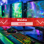 Auf einer hellgrünen Oberfläche sind eine Reihe von Gaming-Computer, mit einer lebendigen animierten Szene auf dem Bildschirm, mit einem Nvidia NEWS-Banner