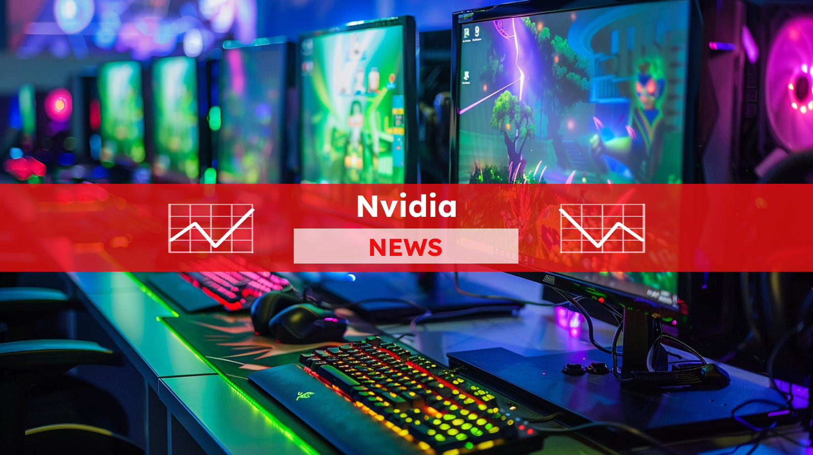 Auf einer hellgrünen Oberfläche sind eine Reihe von Gaming-Computer, mit einer lebendigen animierten Szene auf dem Bildschirm, mit einem Nvidia NEWS-Banner