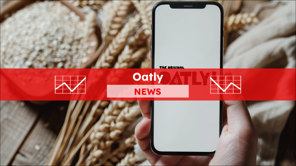 Smartphone mit weißem Bildschirm in der Hand, Haferflocken und Oatly im Hintergrund,  darüber ein Oatly NEWS Banner