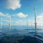 Offshore-Windkraftanlagen mit gelben Sockeln stehen im tiefblauen Meerwasser unter blauem Himmel