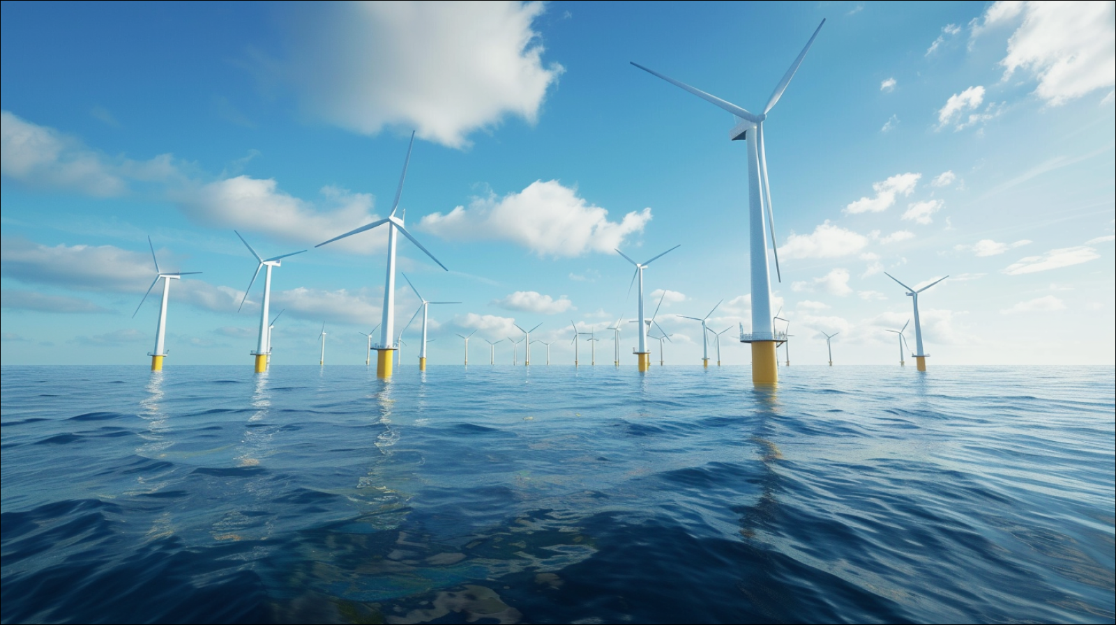 Offshore-Windkraftanlagen mit gelben Sockeln stehen im tiefblauen Meerwasser unter blauem Himmel