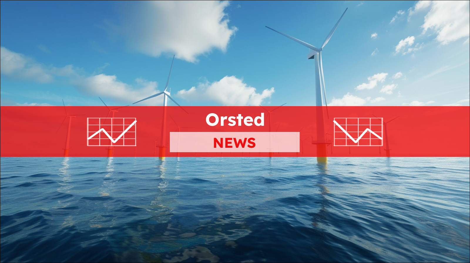 Offshore-Windkraftanlagen mit gelben Sockeln stehen im tiefblauen Meerwasser unter blauem Himmel,  mit einem roten NEWS Banner