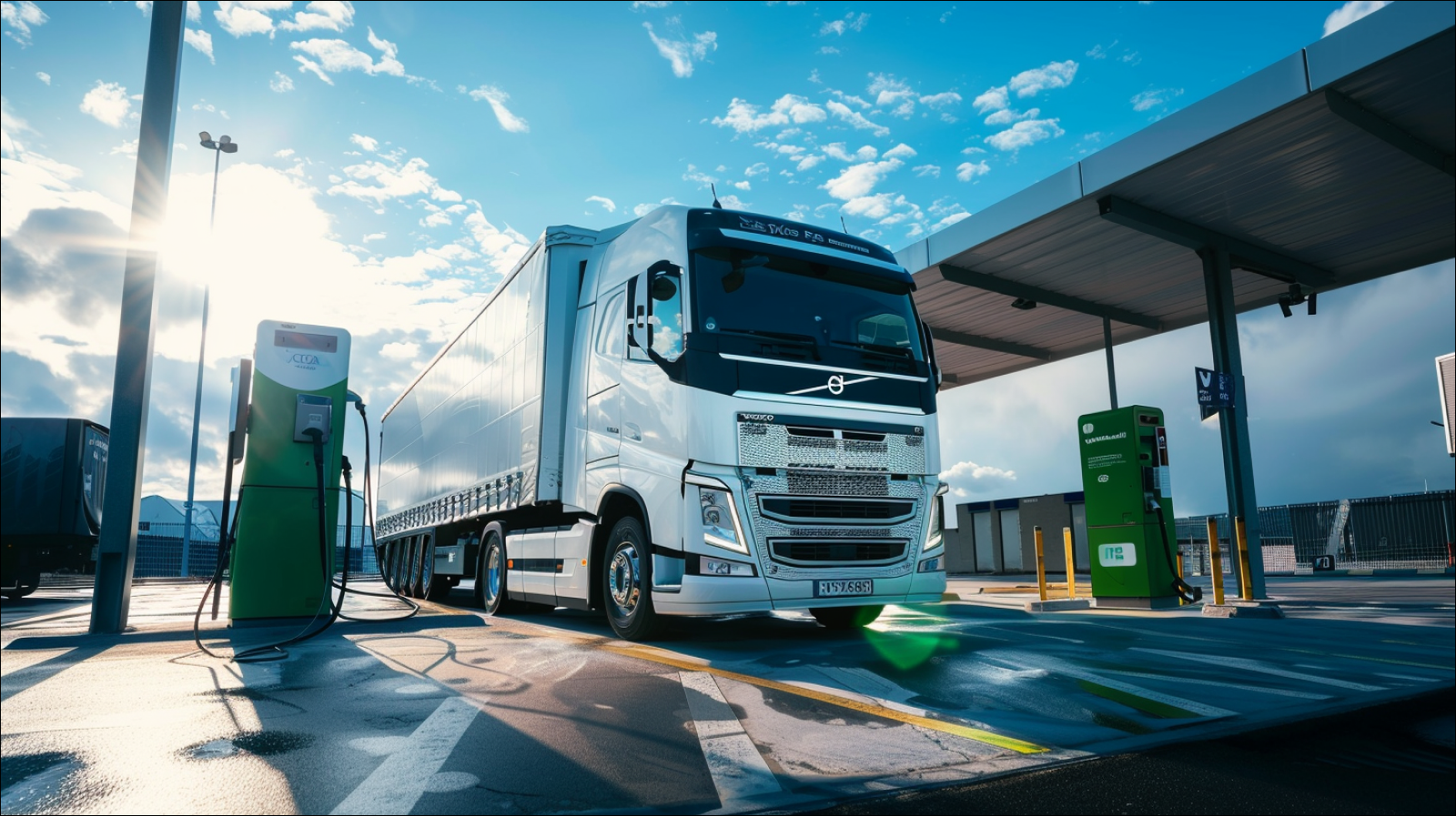 Ein Wasserstoff-Brennstoffzellen-Lastwagen ist an einer grünen Zapfsäule unter strahlend blauem Himmel